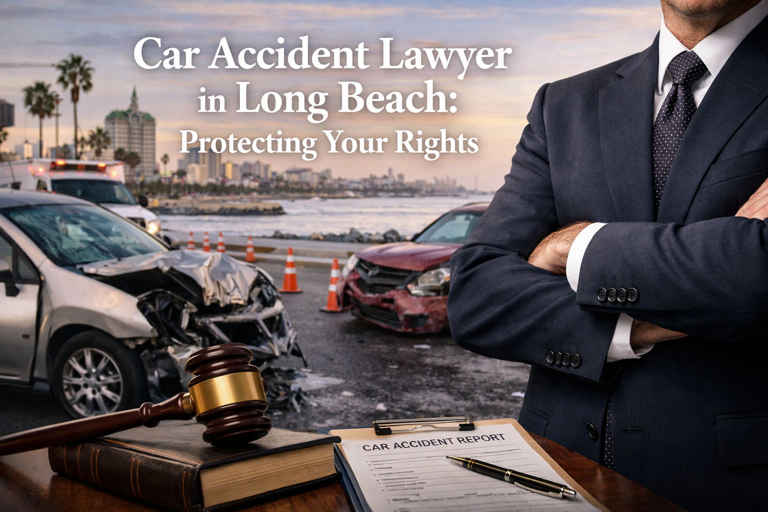 Car accident lawyer in Long Beach with damaged vehicles, legal documents and gavel representing personal injury case