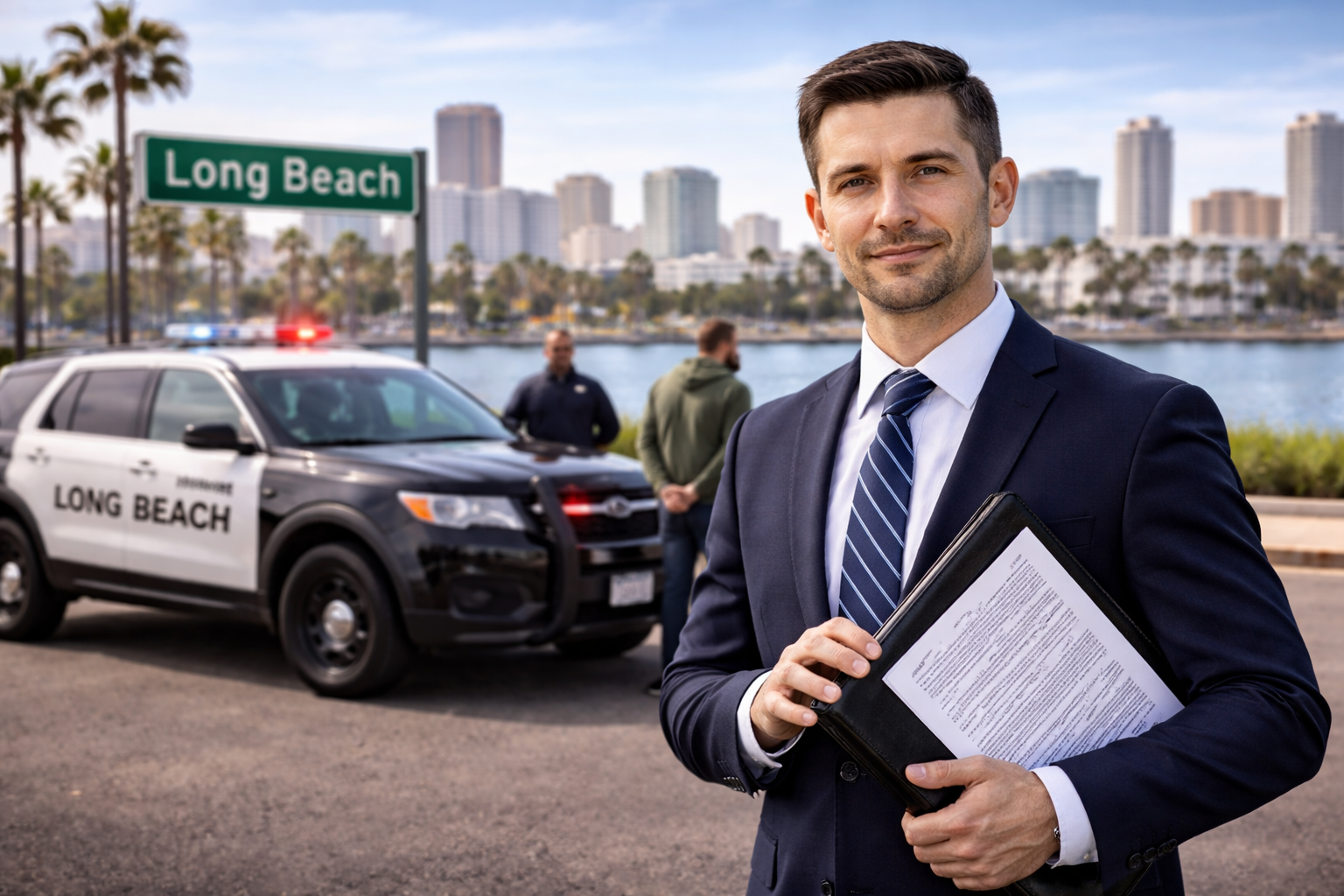 Criminal defense lawyer holding legal file near police arrest scene in Long Beach California