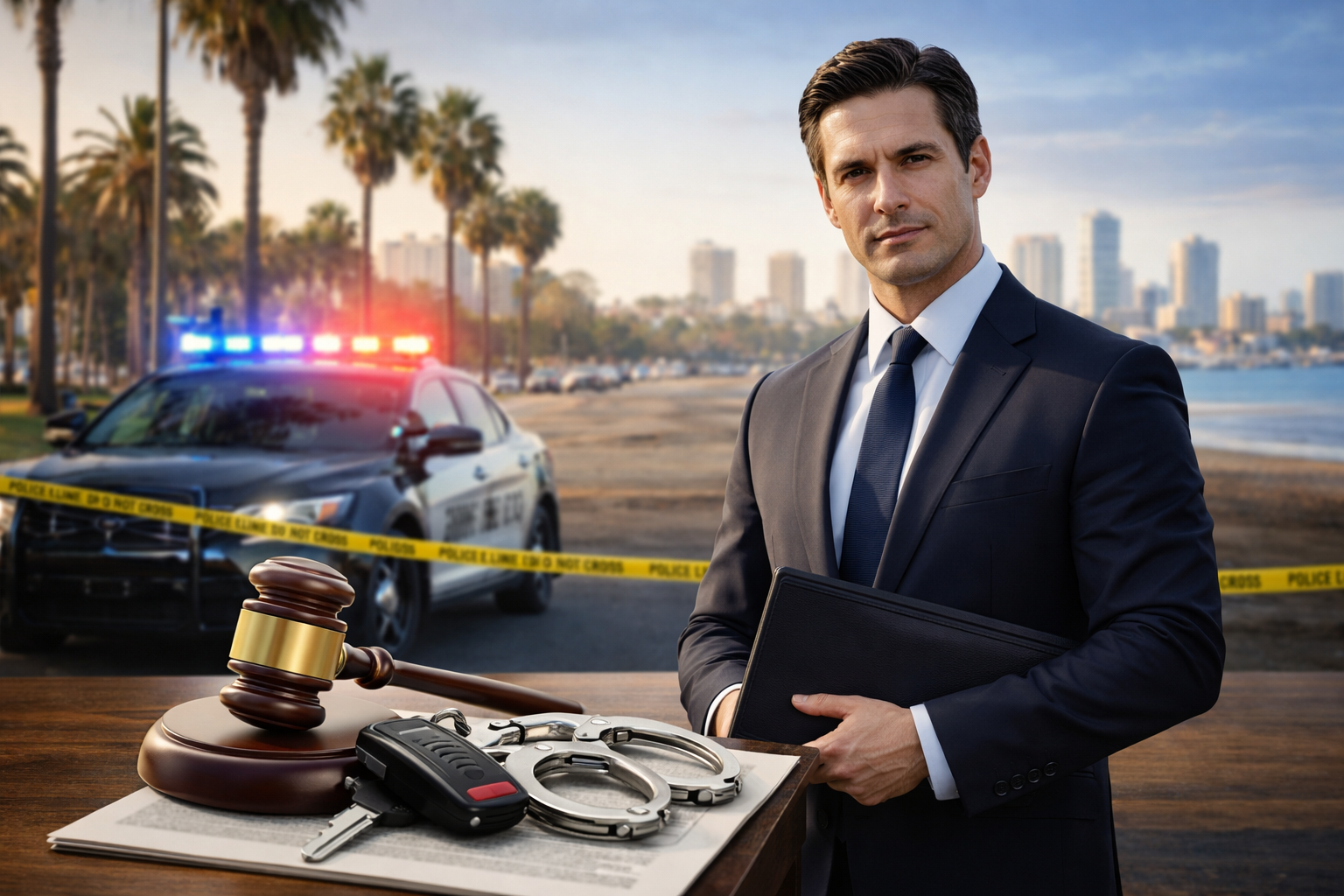 DUI lawyer in Long Beach standing near police car with handcuffs and legal documents representing first and repeat DUI offenses