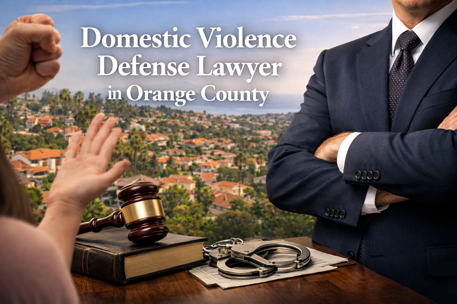 Domestic violence defense lawyer in Orange County with courtroom gavel, legal documents and handcuffs representing criminal defense case