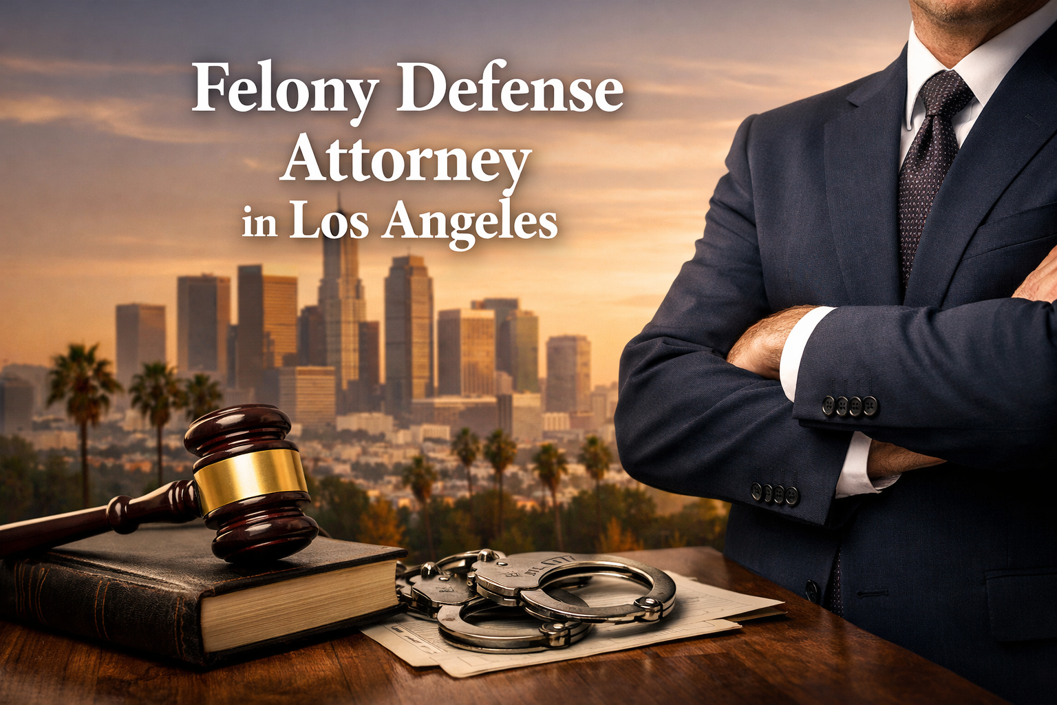 Felony defense attorney in Los Angeles standing with legal documents, gavel and handcuffs representing criminal defense case