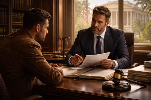 criminal defense lawyer cost California consultation with client in office