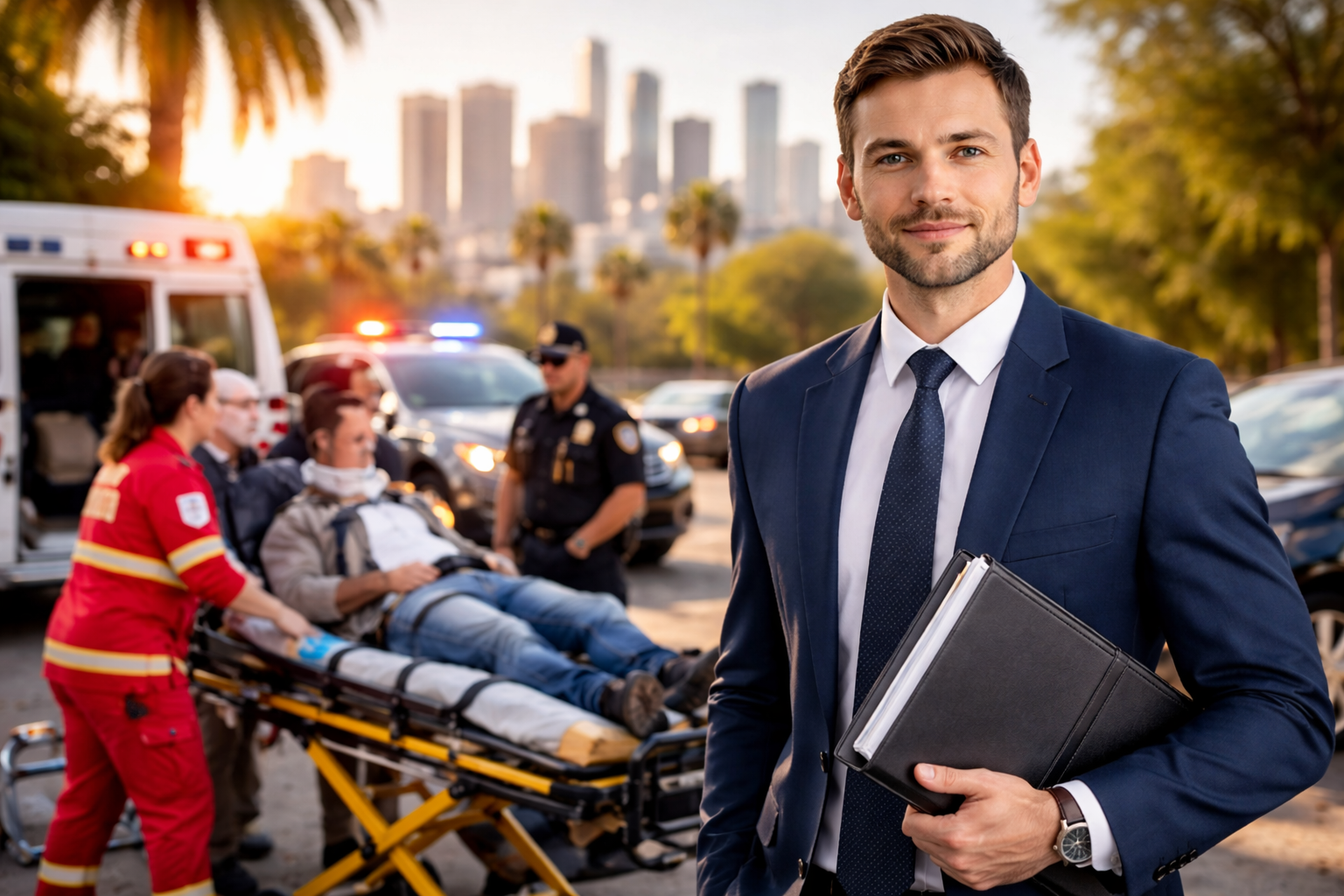 personal injury lawyer los angeles for serious injuries with attorney at accident scene and paramedics assisting victim