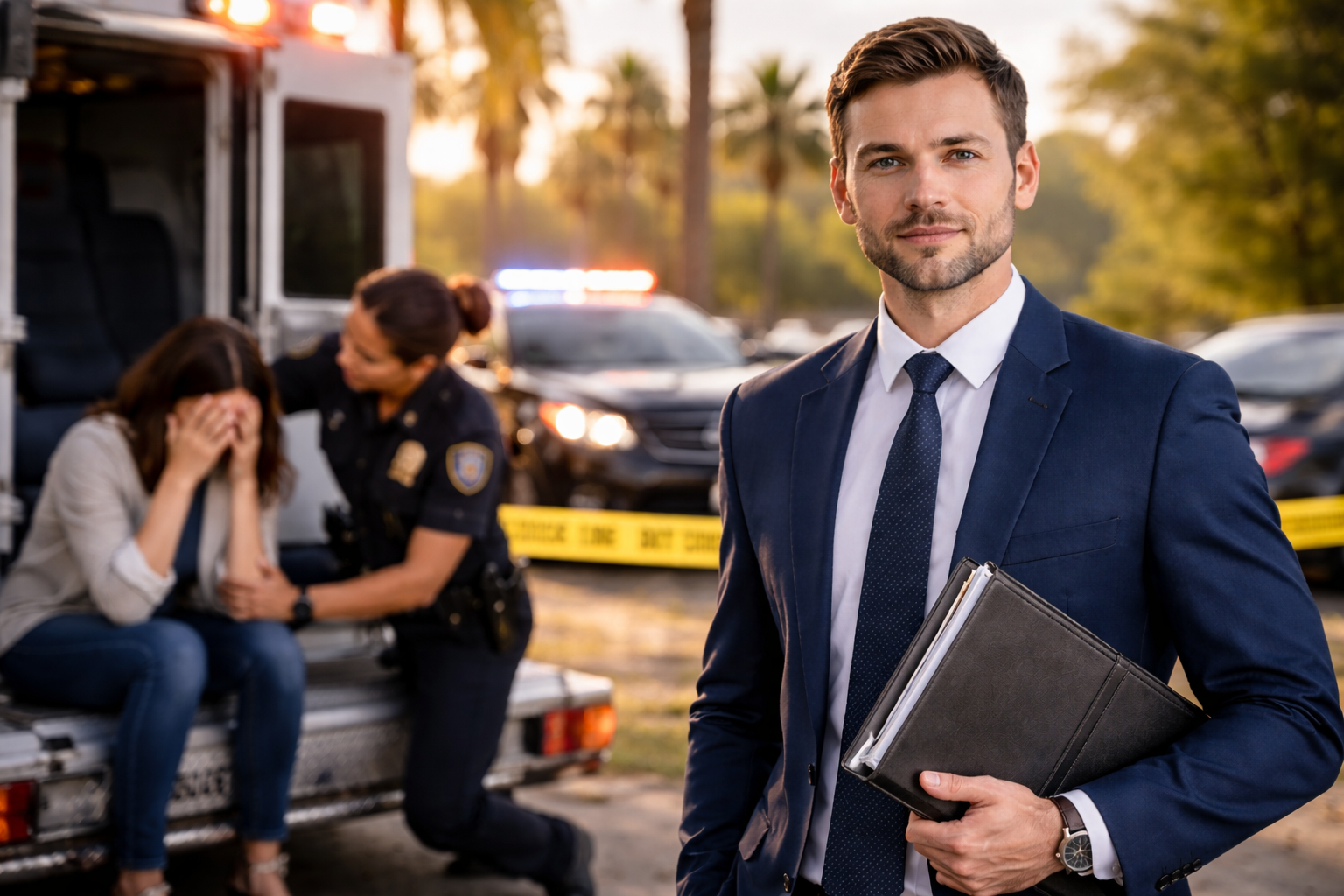 wrongful death attorney orange county supporting grieving family at accident scene with police presence